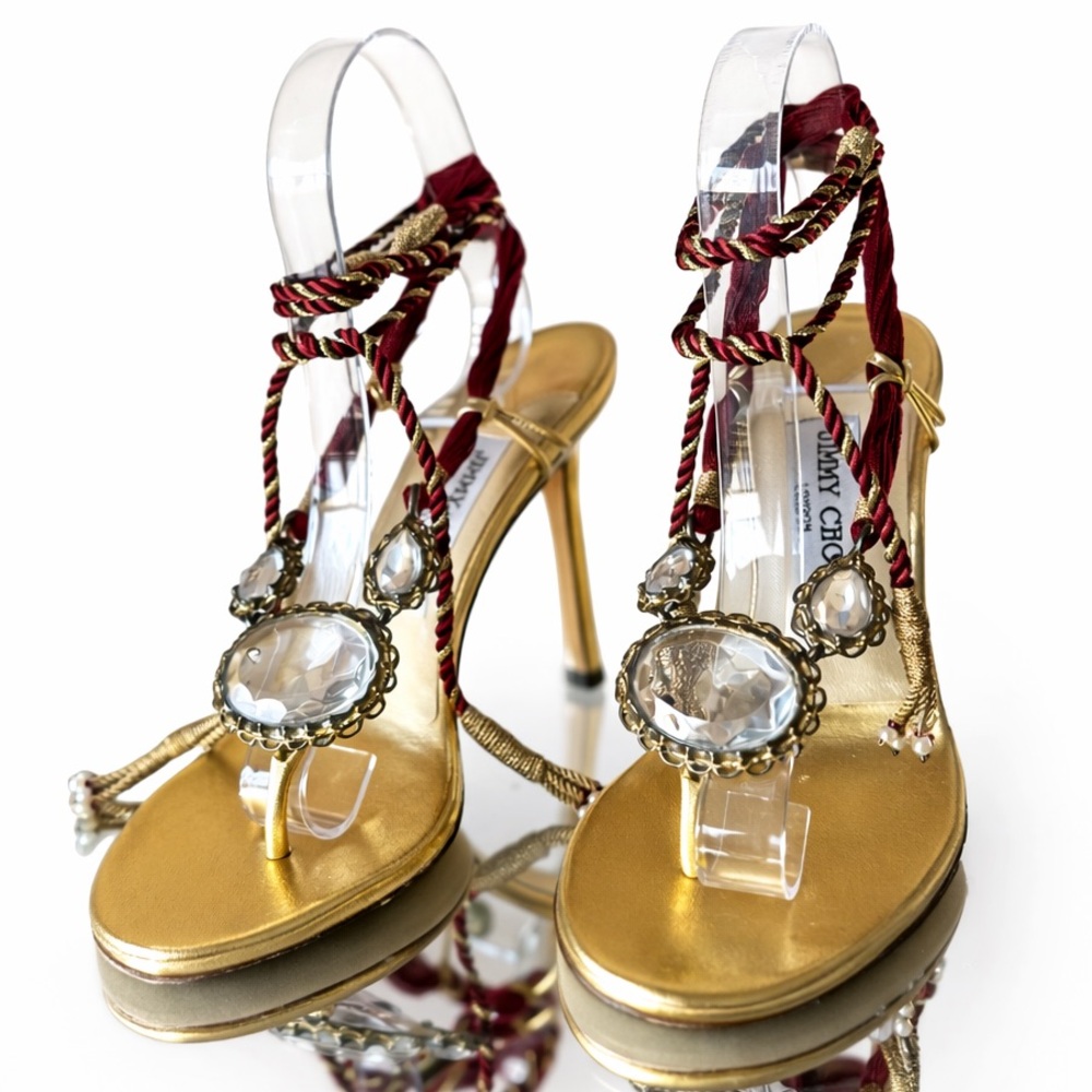 New Vintage Jimmy Choo Gold Jewel Thong Sandals with Burgundy Rope Tie 37